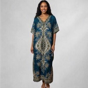 Phases Boho Caftan Maxi Dress One Size Blue Black Floral Ethnic Drawstring